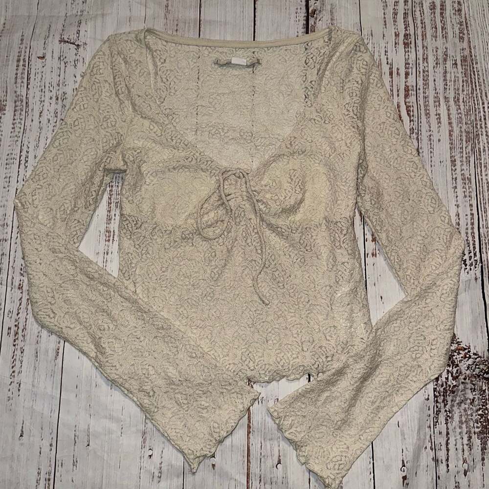 Y2K Cream Lace Tie Front Top Coquette Fairycore Romantic-S